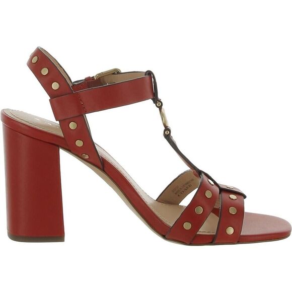 Coach Women's Sandals Margaret Leather Ankle Strap Open Toe Block Heel Red 7 B - Picture 2 of 8